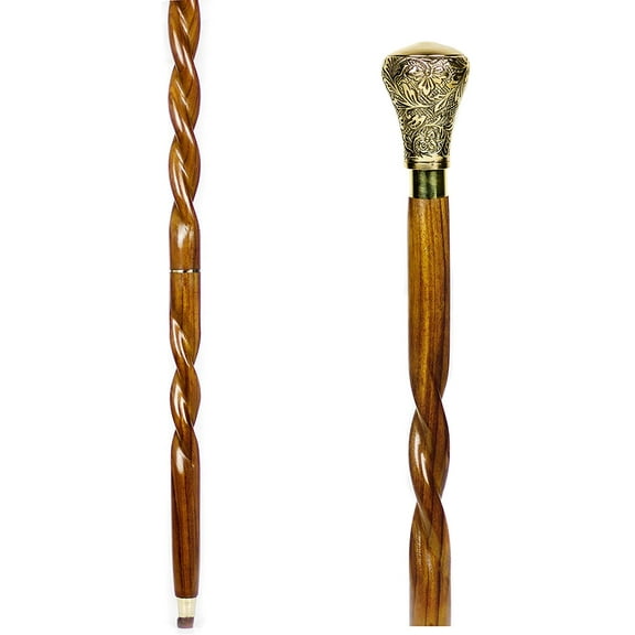 Aluminum & Brass Decorative Rosewood Walking Cane | Full Size Walking-Stick for Men & Women | (Spiral Wood, Brass Dome)