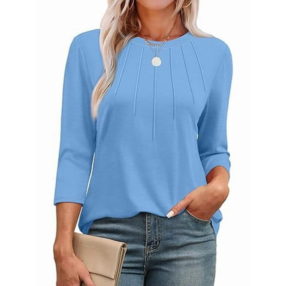3/4 Length Sleeve Womens Tops Round Neck Casual Tunic Tops Basic Pleated Shirts Loose Fit 2025 Blue XL