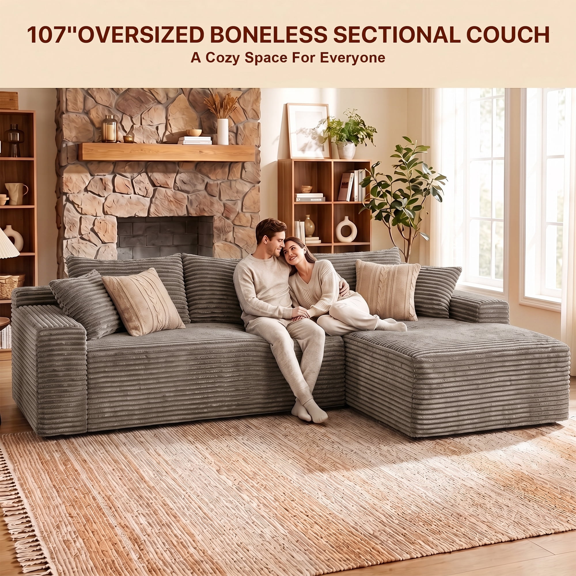 Aukfa 108" Cloud Sectional Sofa Deep Seat Boneless Couch Modular L-Shaped Couch, Rihgt Chaise Corduroy Sofa for Living Room, Brown