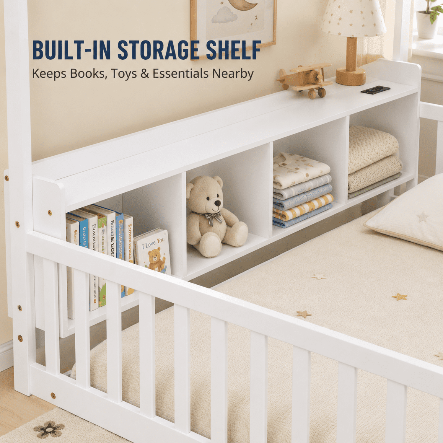 Miniyam Twin House Bed for Kids, Floor Bed with Storage, LED, Charging Station, White
