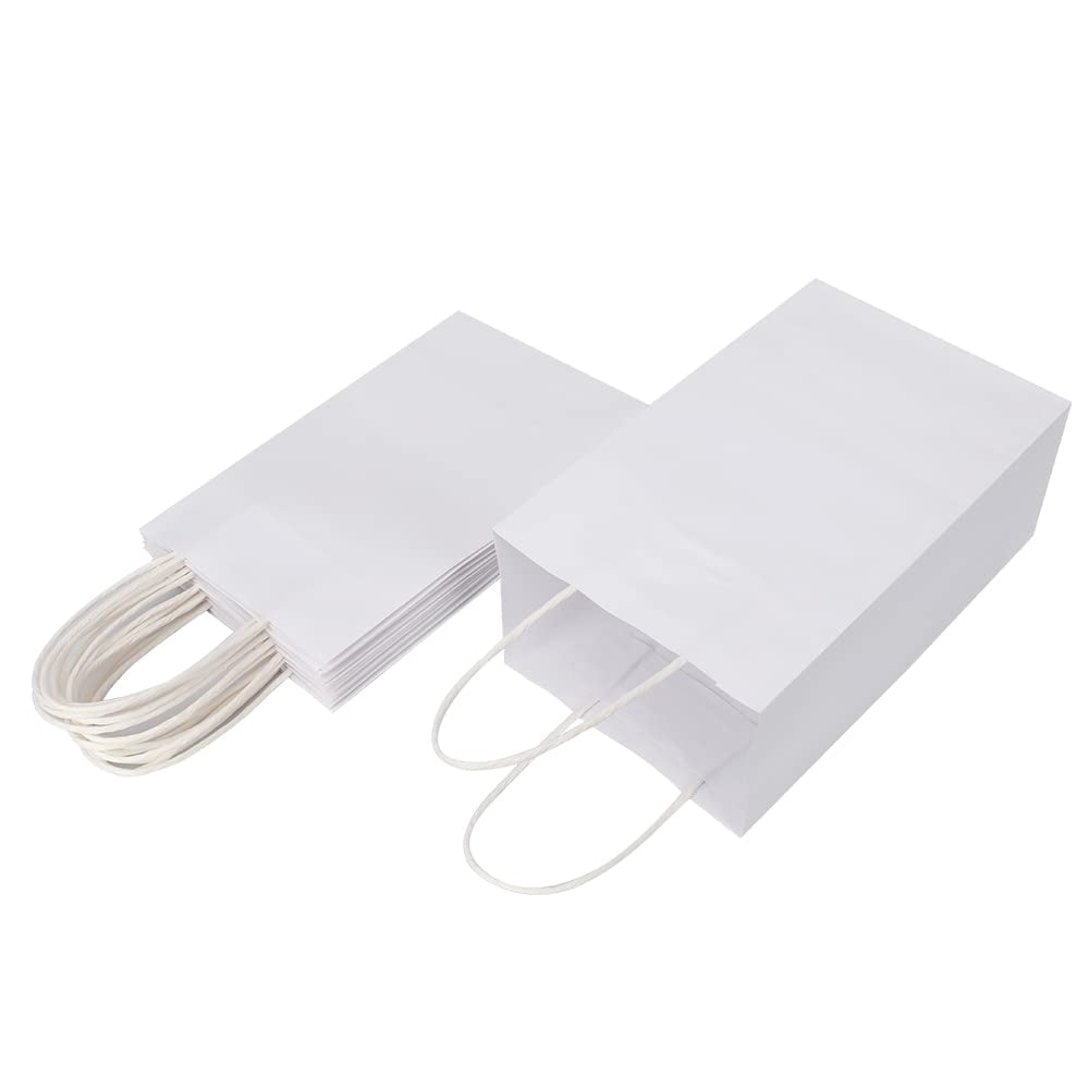 100pcs 5.25x3.25x8.25 Inch Small Plain Natural Paper Gift Bags with Handles Bulk, Kraft Bags for Birthday Party Favors Grocery Retail Shopping Business Goody Craft Bags Cub (White 100 Count)