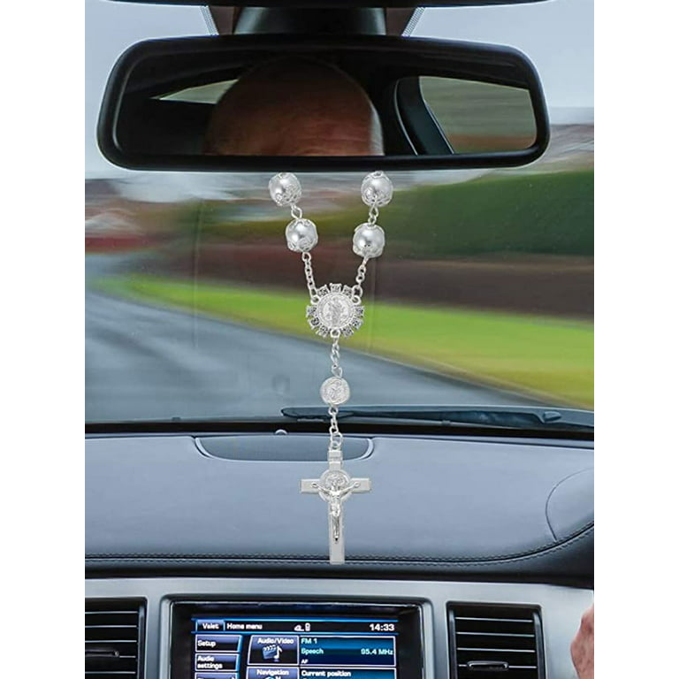 Eummy Car Hanging Charm Bling Car Rear View Mirror Hanging Ornament Retro Imitation Pearl Cross Hanging Decoration Auto Interior Hanging Accessories