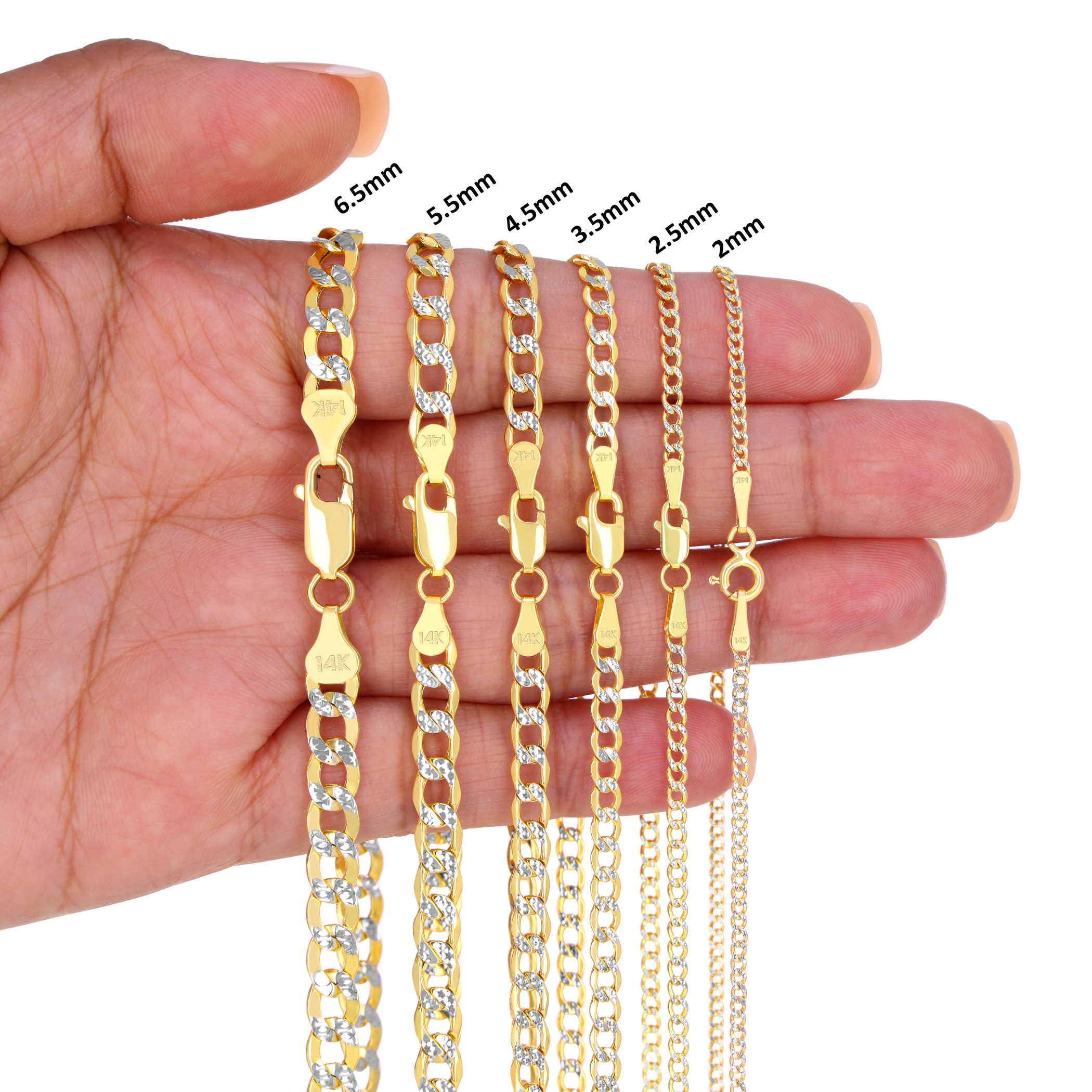 Nuragold 14K Real Yellow Gold Cuban Diamond Cut Pave Curb Link Chain Necklace 16"-26" (2.5mm-6.5mm) Italian Jewelry for Men & Women