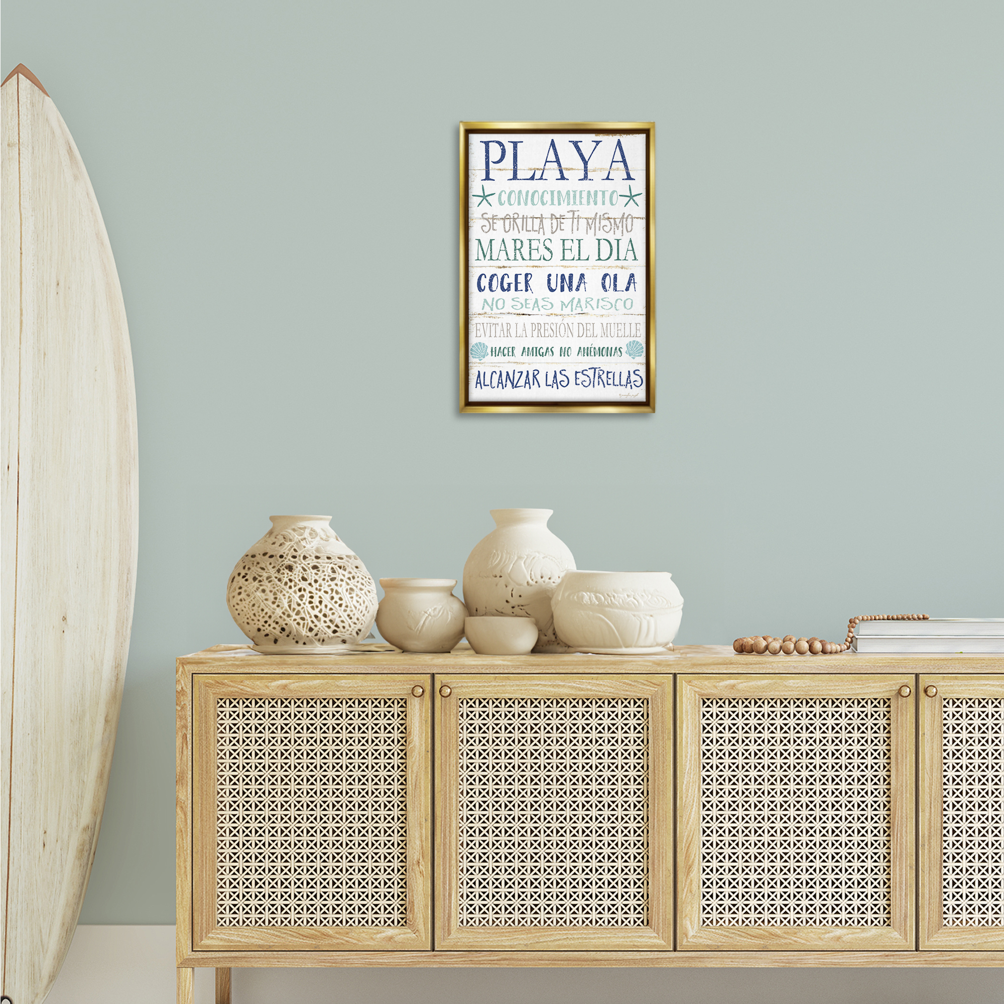 Stupell Industries Frases Felices De Playa Beach Painting Gold Floater Framed Art Print Wall Art, 17 x 25