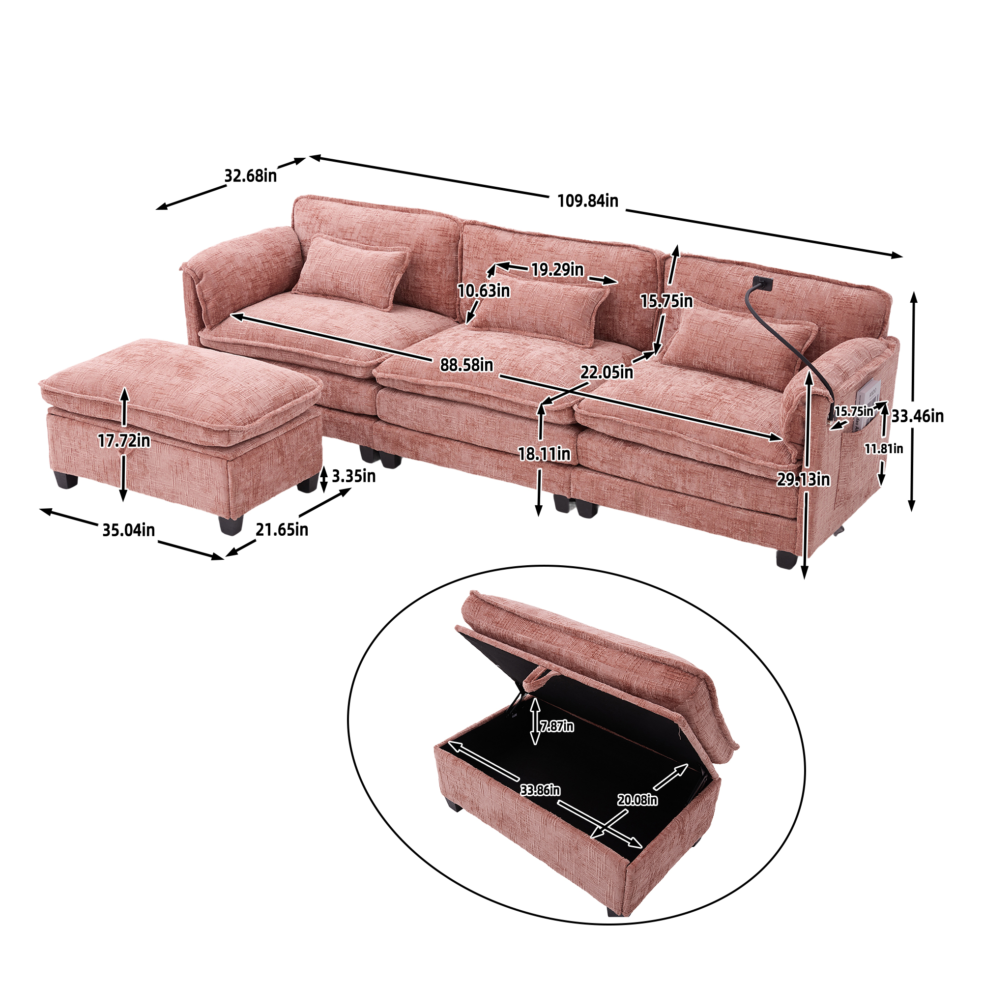 MOONMISS 112" Oversized Sectional Sofa Cloud Couch for Living Room, Modern Chenille L Shaped Couch, Comfy Boucle Modular Sofa Sleeper with Movable Storage Ottoman, Phone Holder, USB Charging Port