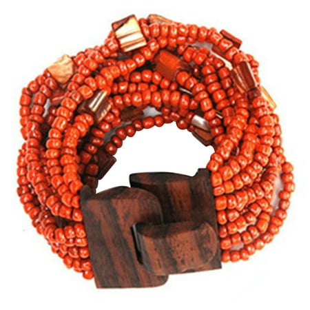Wood Beads Shell Bracelets - IndoMode® Mother of Pearl Shell Bracelet with Orange Beads 5cm Wide Wood Buckle