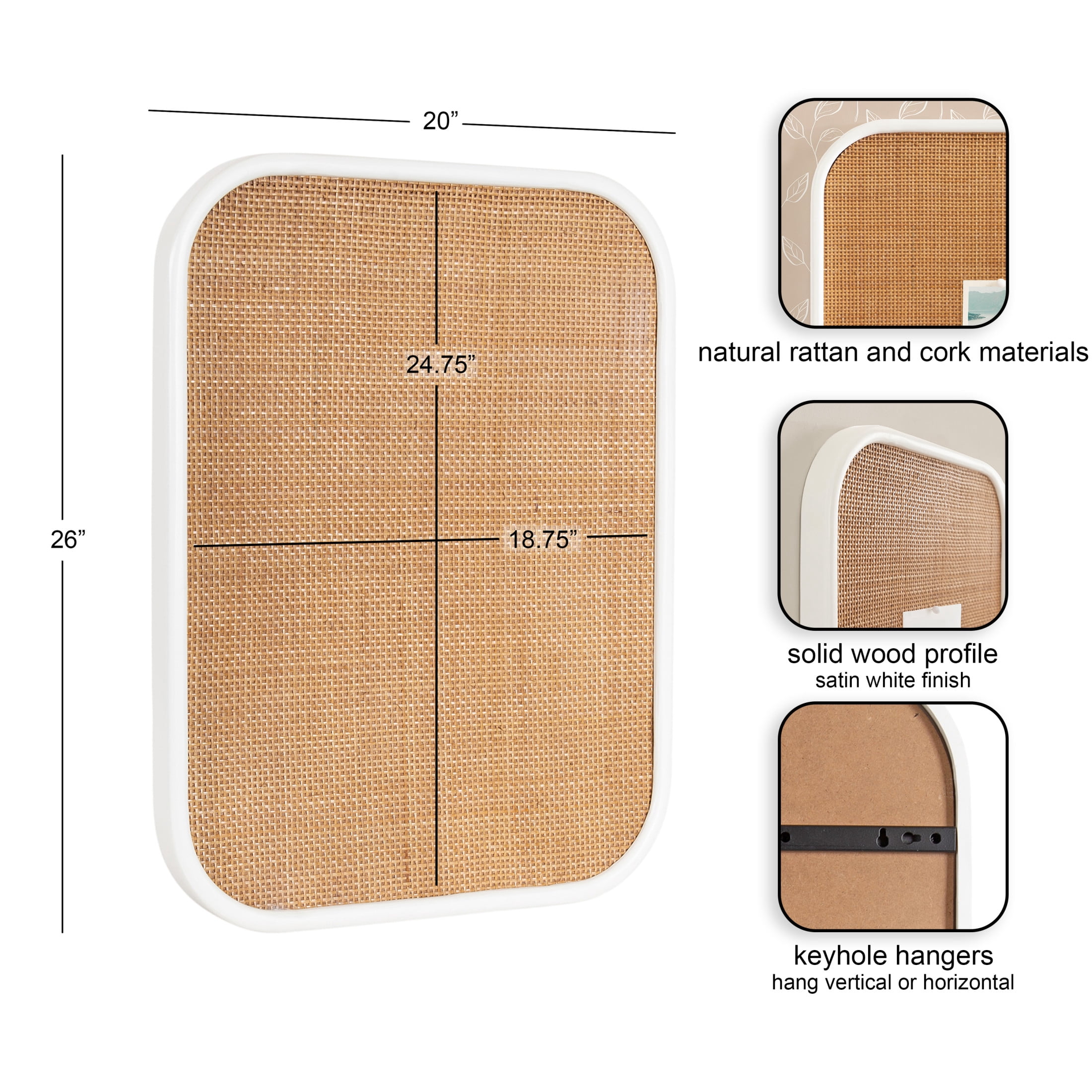 Kate and Laurel Planche Modern Rattan Wall Pinboard, 20 x 26, White and Natural Rattan, Boho Rounded Rectangle Wall Organizer for Use as Cork Board, Vision Board, or Bulletin Board