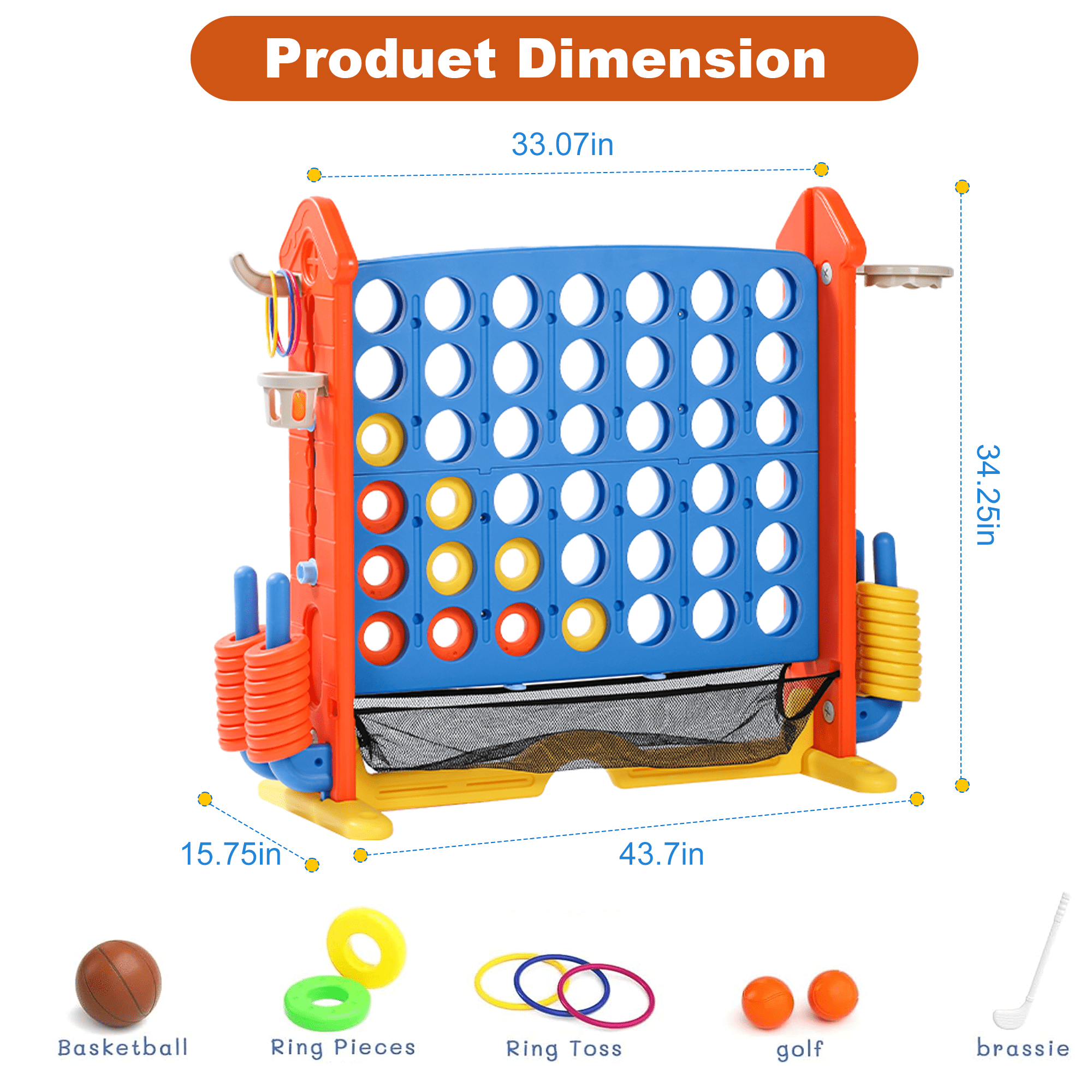 Aukfa 4-to-Score Giant Game Set,Giant 4 Row Game with Carrying Bag & Tail Design for Holiday Parties/Family Gatherings,Orange