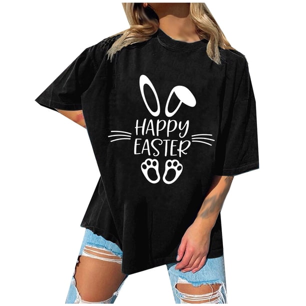 Blusa informal de manga corta con cuello redondo y estampado de Pascua para mujer Pompotops hfajkhk128315