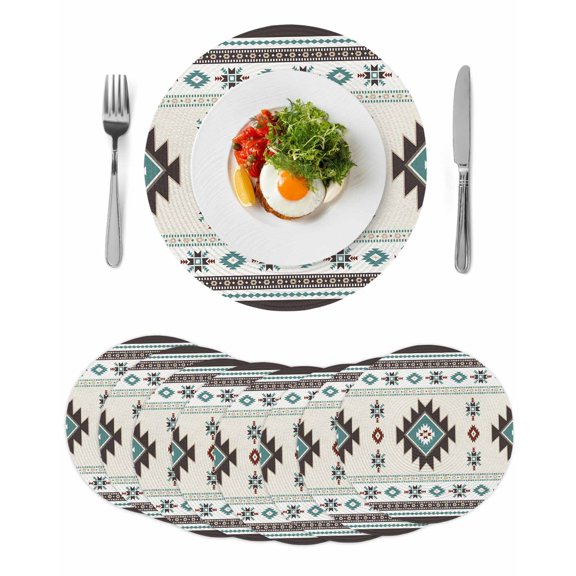 Southwest Ethnic Round 13 Inch Placemats Set of 8, Boho Aztec Tribal Abstract Aesthetic HeatResistant Non Slip Place Mats for Dining Table, Wipeable Braided Kitchen Table Mats for Housewarming