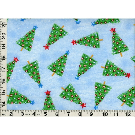 Holiday Prints Christmas Trees with Blue or Red Stars on Top - Fabric by the Yard