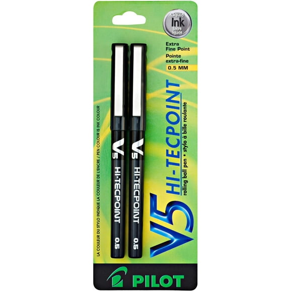 Pilot Hi-Tecpoint V5 Stylos à bille roulante - Noir Pointe aiguille, 0.5mm, 2/pqt