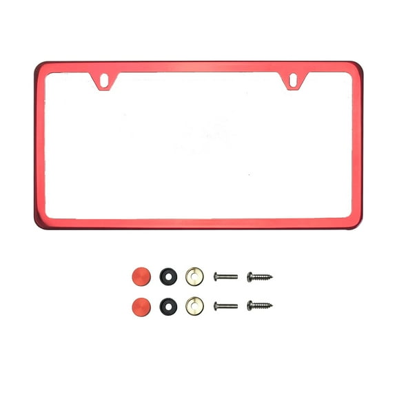 KA Depot Two Hole Slim Version Red Chrome Mirror License Plate Frame T304 Stainless Steel   Metal Screw Caps