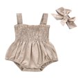thumbnail image 1 of Baby Summer Jumpsuit Outfit Solid Color Ruched Toddler Girl Casual Sleeveless Suspender Rompers and Headband, 1 of 6