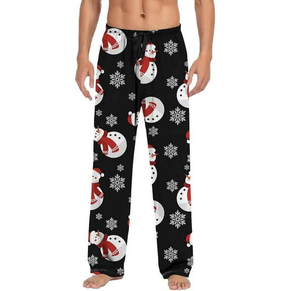 Top-kevin Christmas Pajamas Pants for Men Lounge Pants with Pockets Drawstring Snowman Snowflakes Print Soft Wide Leg Trouser Black