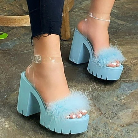 

HIBRO Women s Plus Size Fashion Thick Heel And Hairy Buckle Fish Mouth Sandals