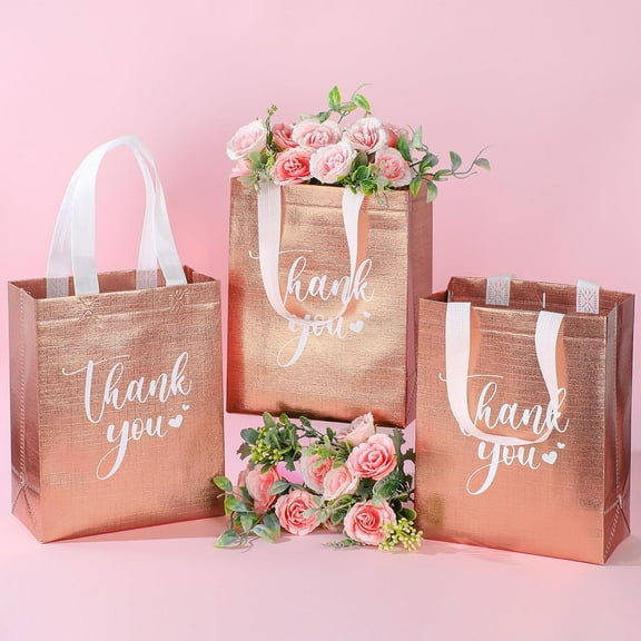 30 Pcs Thank You Gift Bags with Handles Bulk Reusable Goodie Bag Non Woven Foldable Handbag for Graduation Wedding Bridesmaid Gifts(10 x 8 x 4 Inch,Rose Gold)