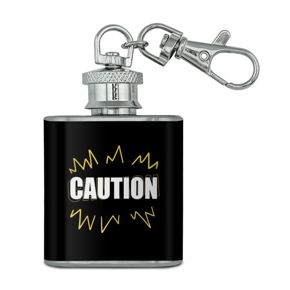 Caution Warning Stainless Steel 1oz Mini Flask Key Chain
