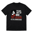 thumbnail image 2 of Women's Black "Try Jesus" Funny Faith Graphic T-Shirt, Crew Neck Casual Top, 2 of 7