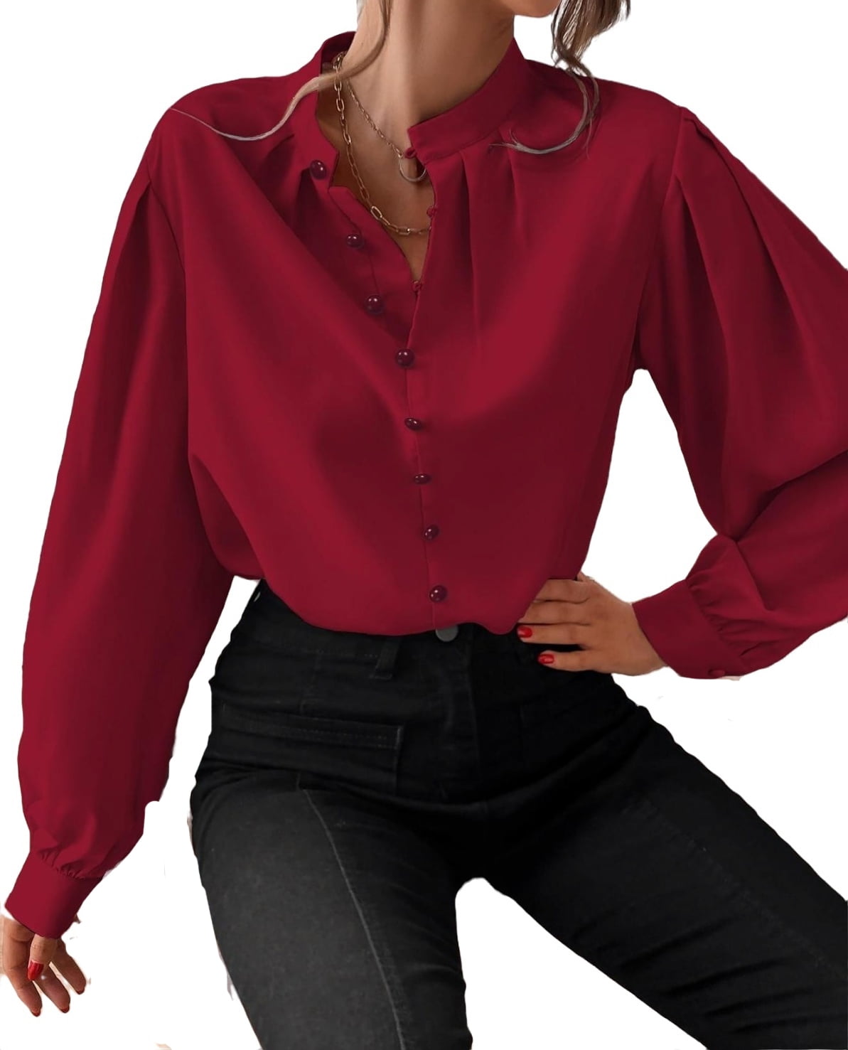 Women's Blouses Elegant Plain Shirt Stand Collar Fake Buttons Long Sleeve Red M
