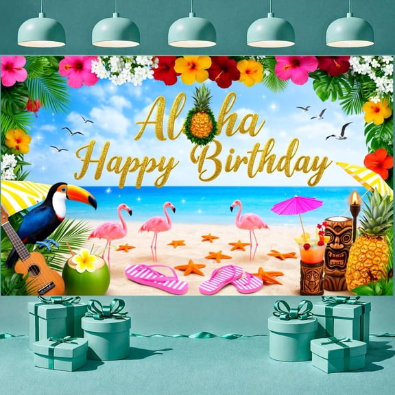 Tropical Floral Aloha Birthday Banner Flamingo Pattern Beach Birthday Backdrop Glitter Gold Lettering Hawaiian  Display for Adult Birthday Party Beach Party Hawaiian Themed Event