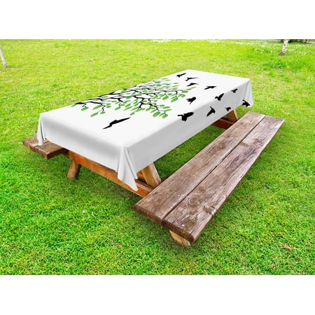 

Birds Outdoor Tablecloth Spring Tree with Silhouette of Flyind Birds Wind Liberty Peace Design Living Decorative Washable Fabric Picnic Table Cloth 58 X 84 Inches Green Black White by Ambesonne