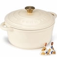 thumbnail image 1 of Horno holandés de hierro fundido esmaltado Overmont de 4.5 cuartos con tapa, libro de cocina y agarraderas de algodón. Utensilios de cocina resistentes para estofar, guisar, asar y hornear pan. Blanco, 1 of 5