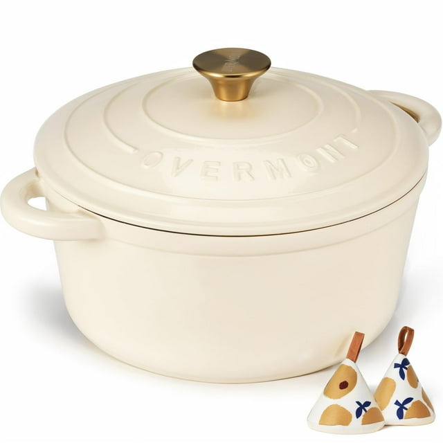 Horno holandés de hierro fundido esmaltado Overmont de 4.5 cuartos con tapa, libro de cocina y agarraderas de algodón. Utensilios de cocina resistentes para estofar, guisar, asar y hornear pan. Blanco
