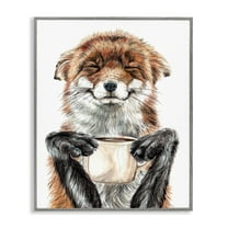 Stupell Industries Happy Fox with Coffee Animals Painting Gray Framed Art Print Wall Art, 14 x 11