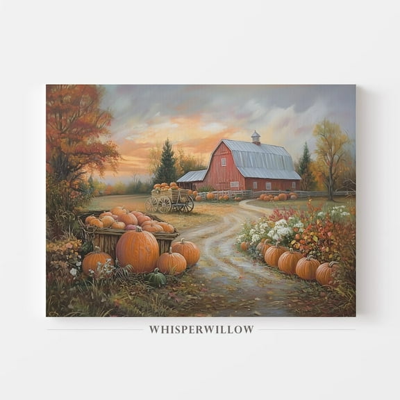 Velto Canvas Wall Art - Rustic Red Barn And Pumpkin Farm Autumn Landscape, Seasonal Fall Scenery, Cozy Country Harvest, Vintage Farmhouse Decor Canvas, 8x10 UNFRAMED