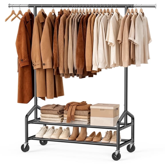 WATIOWL 650 lbs Heavy Duty Rolling Clothes Rack for Hanging Clothes, Adjustable Metal Garment Rack with 2 Shelves, Black (Percheros para Ropa)