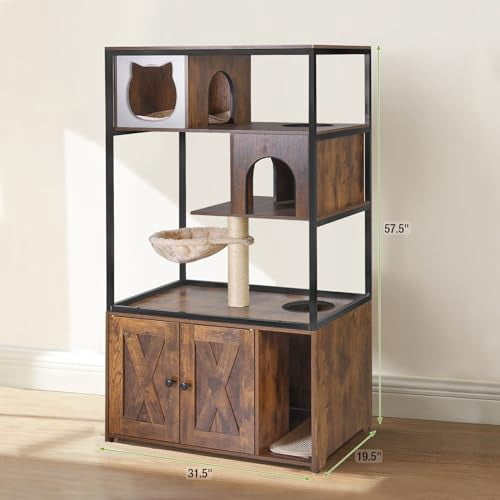 Aivituvin All-in-One Cat Litter Box Enclosure Hidden Litter Box Furniture with Cat Tree, Scratching Post, Cozy Cat Cave, Hanging Hammock, Storage Cabinet, Durable & Space-Saving