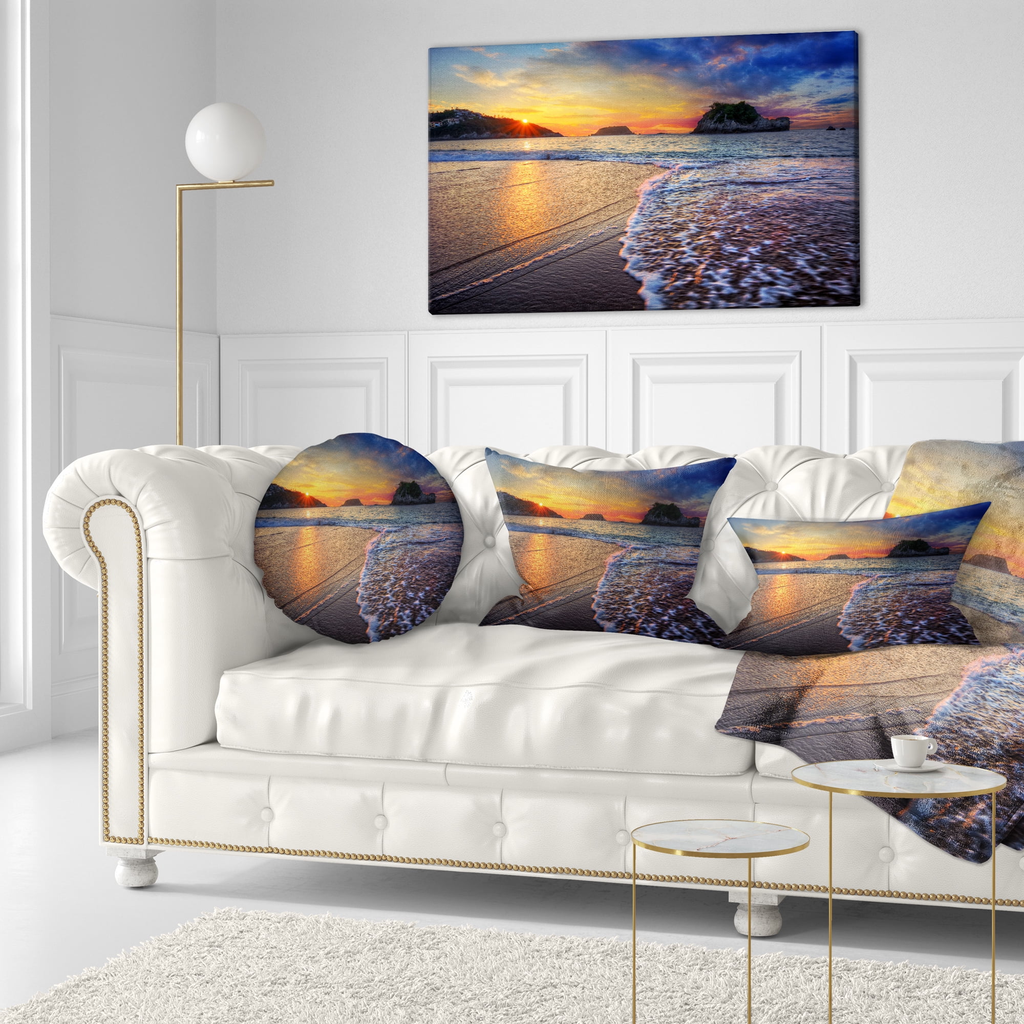 Designart Sandy Beach with Rush Waves - Seashore Throw Pillow - 12x20