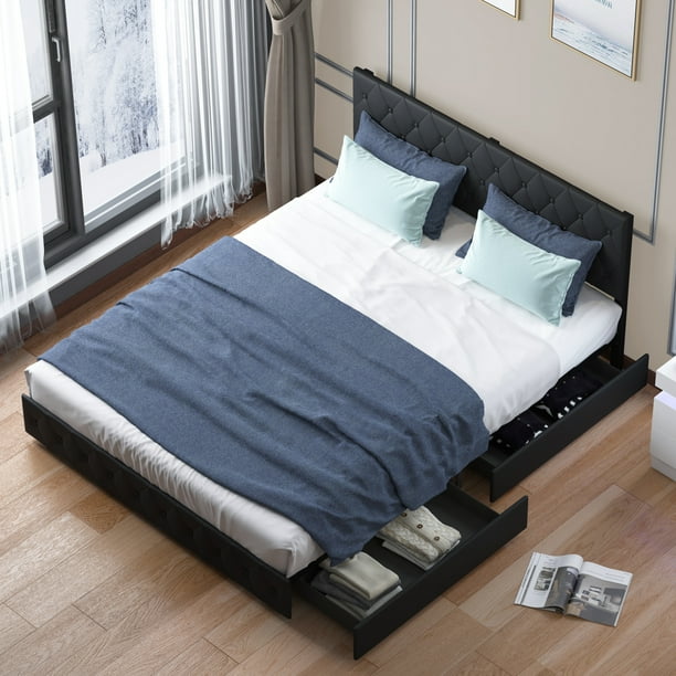 Mjkone Modern King Size Upholstered Platform Bed Frame with 4 Storage