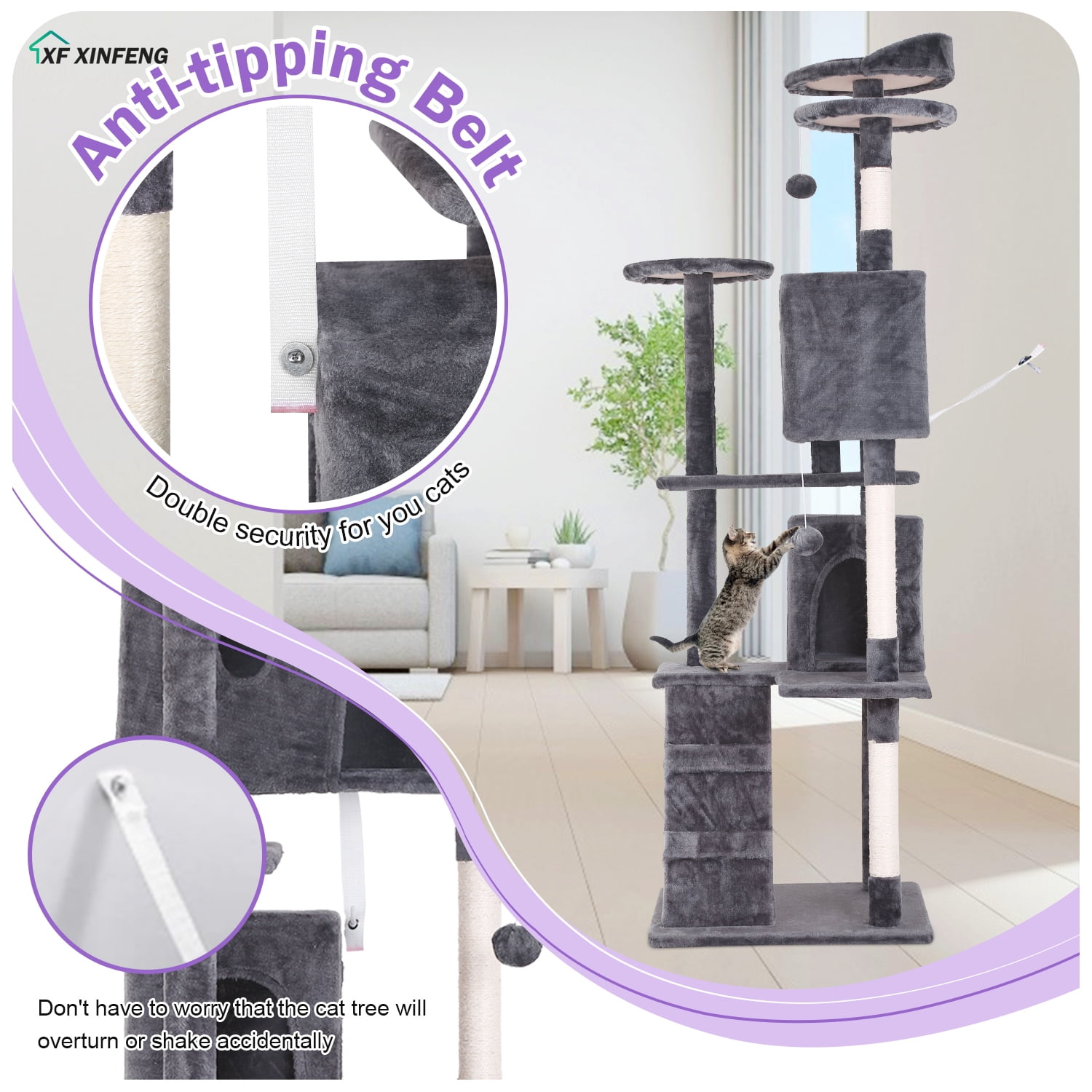 XF XINFENG 70" Cat Tree Tower Playhouse for Indoor Cats with Scratching Posts, Multi-Level Pet Cozy Condo Furniture, Light Gray