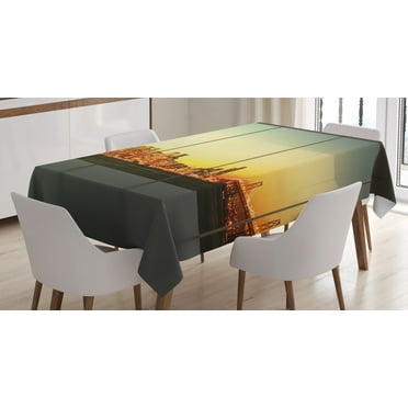 Ambesonne Urban Tablecloth Rectangular Table Cover, Empty Office Sunset View, 60"x90", Orange Grey Green