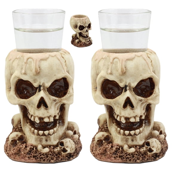 Ebros Twin Gothic Ossuary Graveyard Melting Skull Shot Glass Holder Figurine Set of Two 5"H Liquor Shooter Evil Grinning Skull Decor