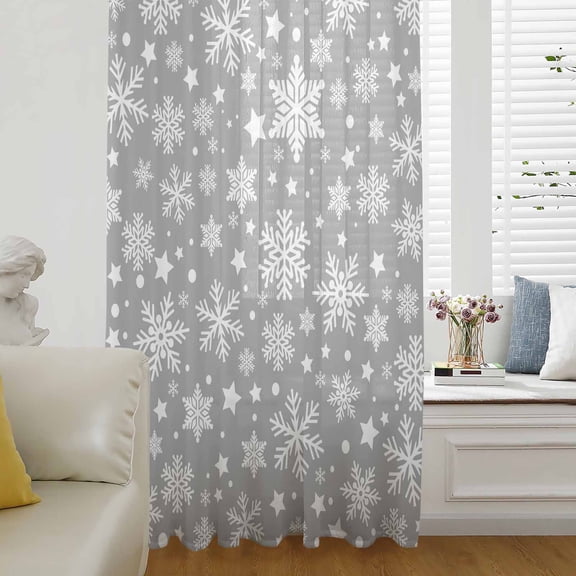 Christmas Snowflakes Semi Sheer Curtains Drapes for Living Room,Bedroom,French Doors Window 96 Inches Long,Xmas Winter Watercolor Grey White Rod Pocket Chiffon Curtain Drapery Voile Draperies Panel