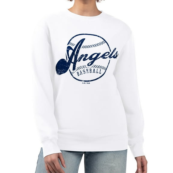 Women's G-III 4Her by Carl Banks White Los Angeles Angels Distressed Baseball Team Fleece Pullover Sweatshirt