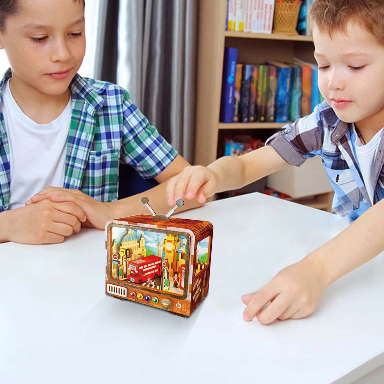 3D Wooden Puzzle TV Building Model, City Theme Architectural Toy with LED Light, Assembly Building Blocks Kit for Teens Adults, Educational Home Decor Gift
