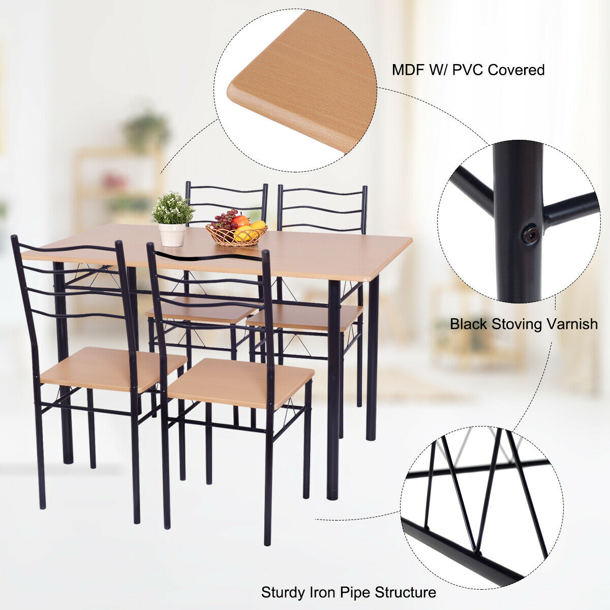 Costway 5 Piece Dining Table Set 29.5" with 4 Chairs Wood Metal Kitchen Breakfast Furniture Brown - image 5 of 8
