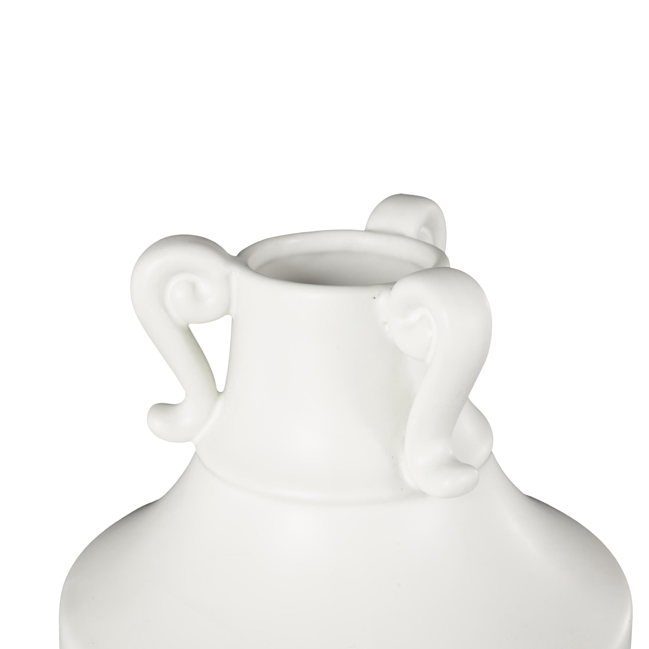 DecMode 16" Scroll Sleek Amphora White Ceramic Vase with Handles