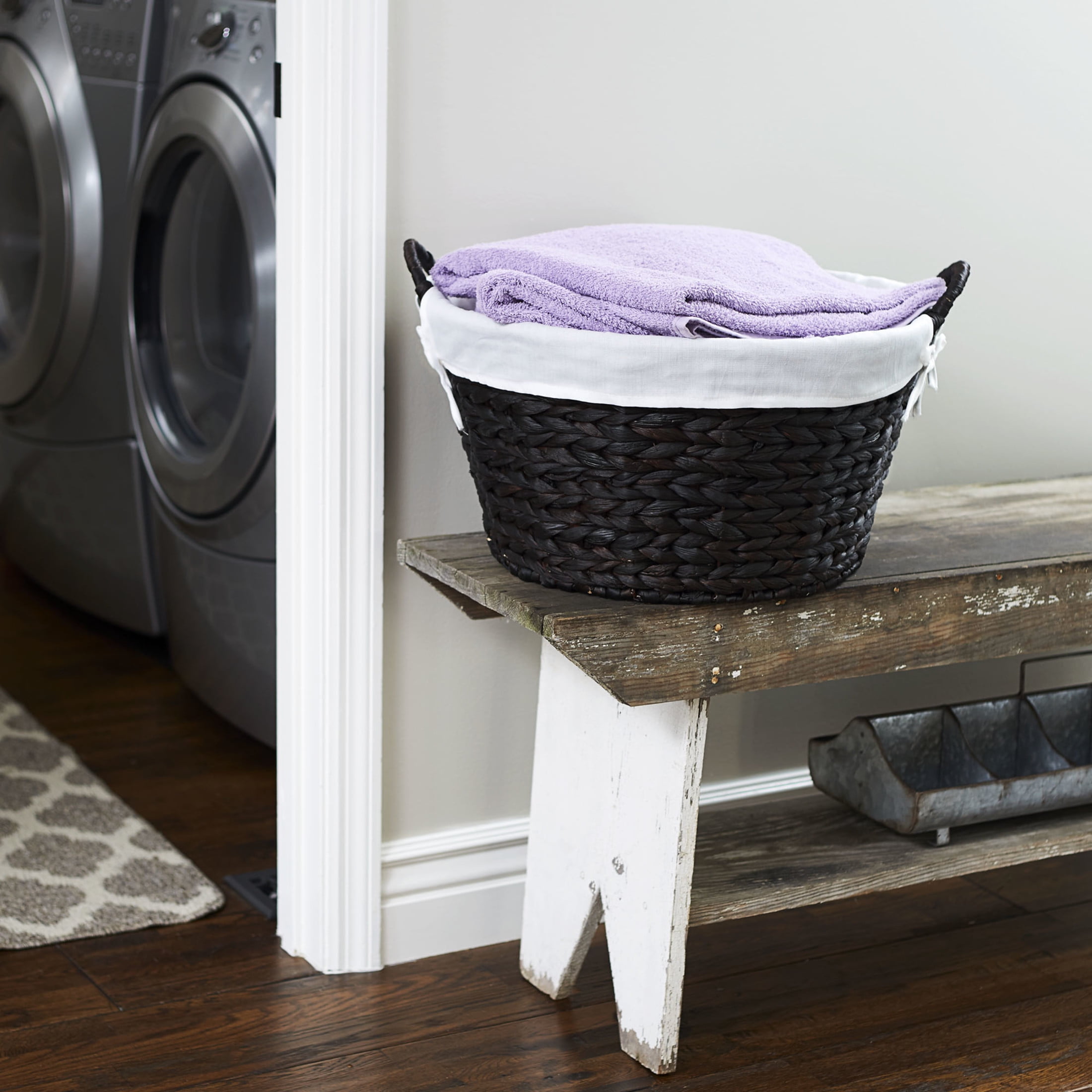 Household Essentials Round Wicker Laundry Basket with Handles, Whimsical Water Hyacinth Basket, Supportive Metal Frame, Removable Polyester Liner, Handwoven, Well-Structured and Versatile, Brown