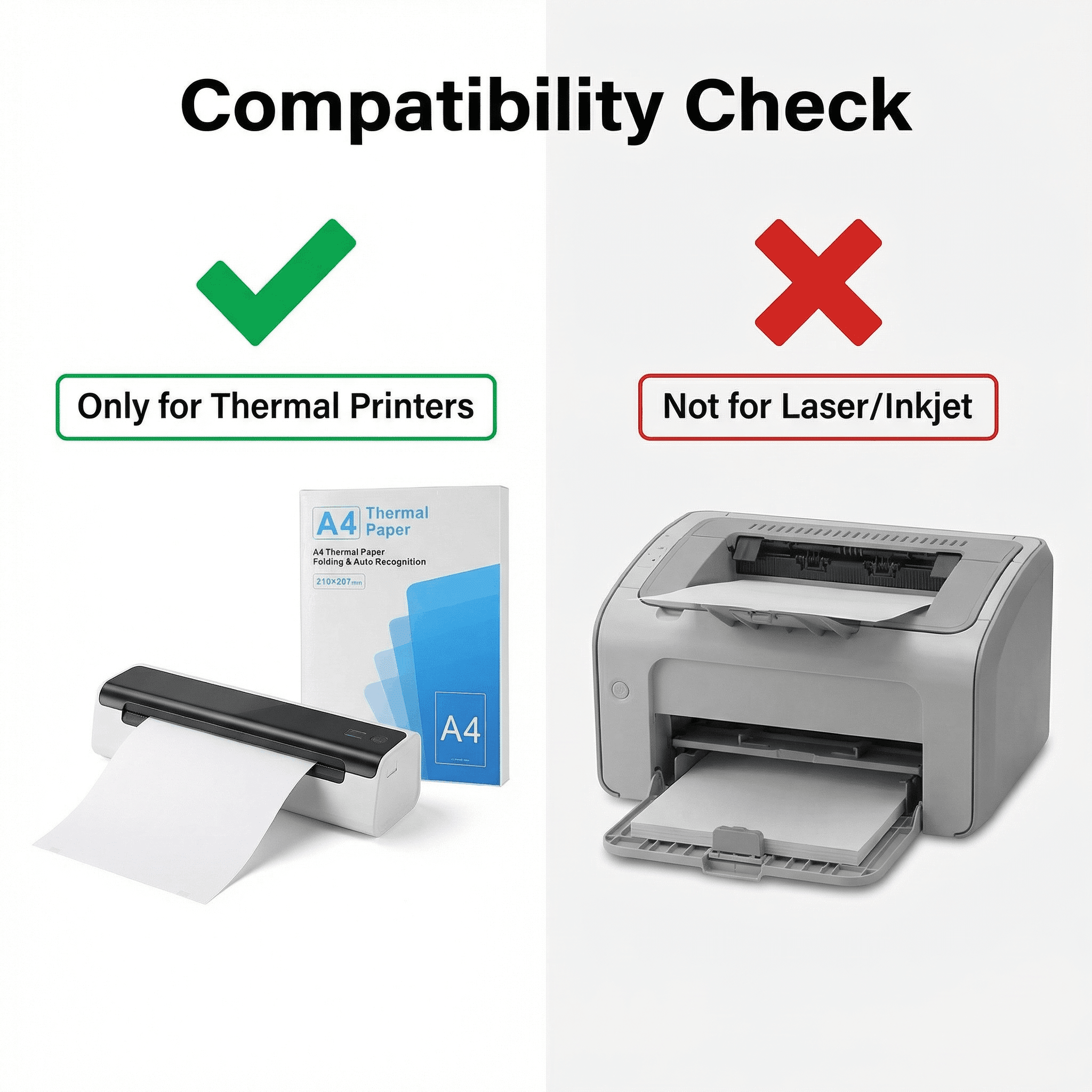 AXTQH Fan-fold A4 Thermal Printer Paper, 8.27 x 11.69 inch, Inkless Quick Dry, White, 100 Sheets