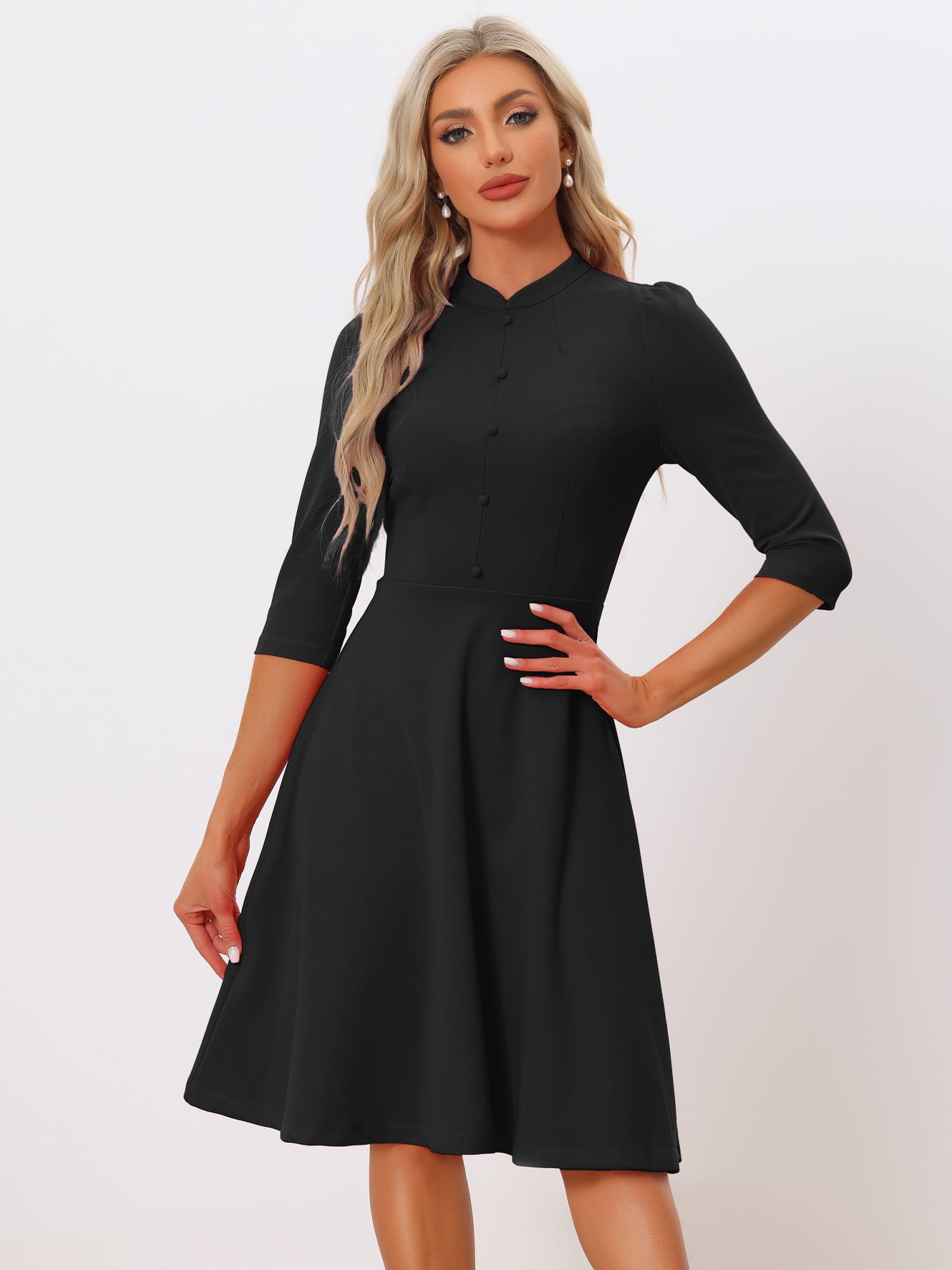 Unique Bargains Women's Sheath 3/4 Sleeves Stand Collar A-Line Dress L Black