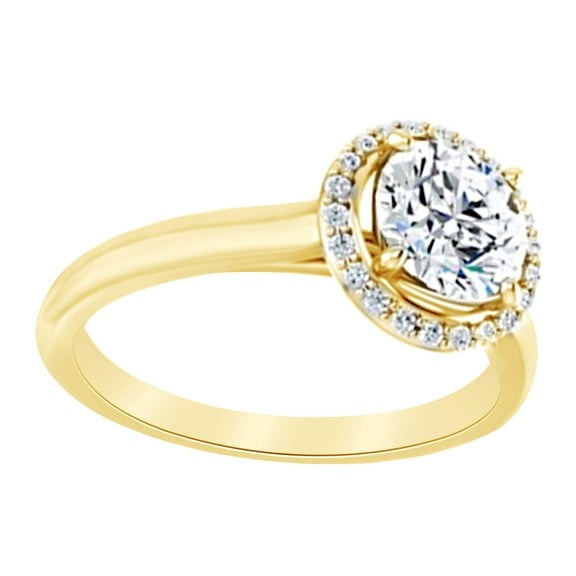 AFFY Simulated White Moissanite With Natural Diamond Halo Solitaire Ring In 14k Solid Yellow Gold, Ring Size-9