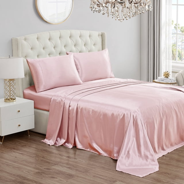Juego de sábanas Juicy Couture, tamaño queen, rosa satinado, 4 piezas