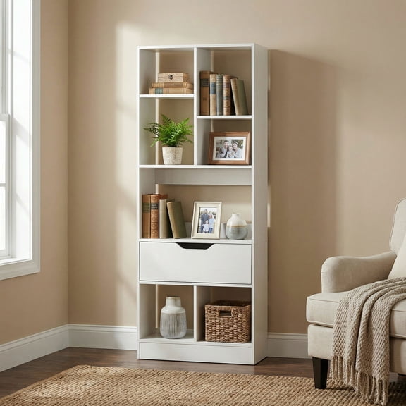 Resenkos 51 Inch Tall Freestanding Bookcase with Drawer, 7-Cube Storage Organizer for Living Room, Home, Office, White