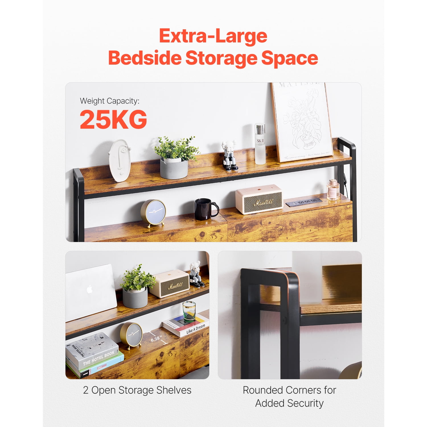 KFFKFF Full Bed Headboard, Height-Adjustable with Dual Shelf Storage, Independent Head Board Incorporating Charging Hub and LED Illumination for Various Bed Structures, Simple to Assemble, Brown