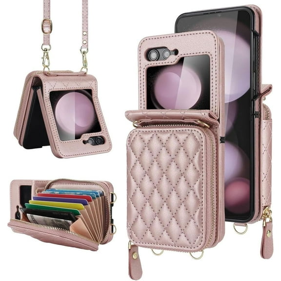 for Samsung Galaxy Z Flip 6 Case with Card Holder, 8-Card Slots,RFID Blocking,Wallet Case with Adjustable Strap PU Leather Protective Zipper for Women Girly for Z Flip 6 (Pink)